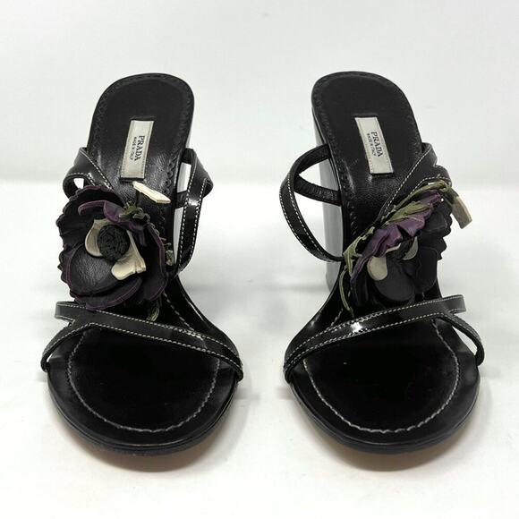 Prada Black Patent Leather Wedge Sandals with Floral Detail, Size 37 - Picture 5 of 8